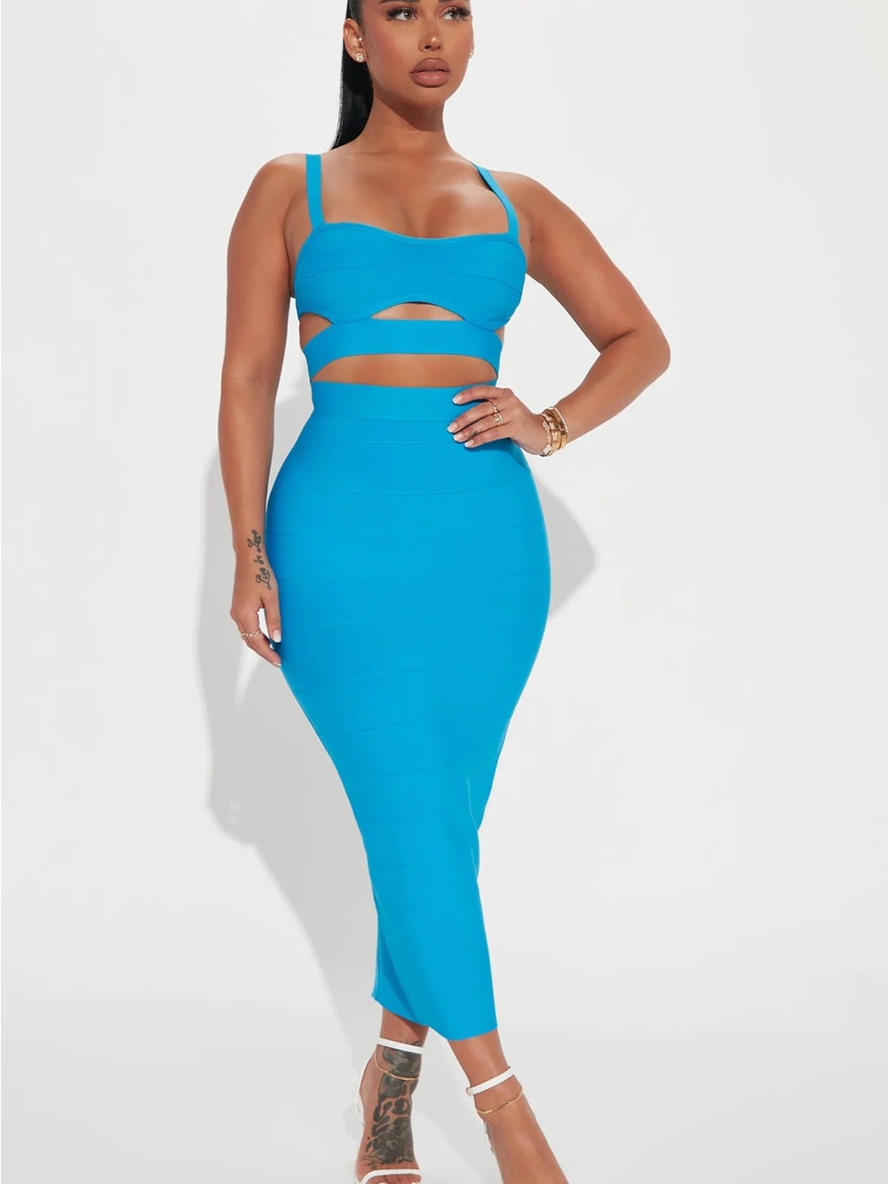 Blue Bandage Two Piece Set Size S – Cutout Top & Midi Skirt